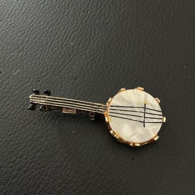 Vintage Gold Tone Banjo Brooch Pin with Mother of Pearl Style Face