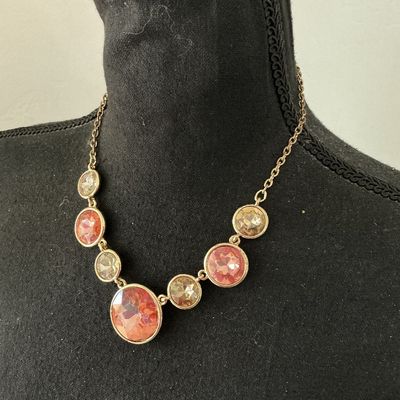 Gold-Tone Rhinestone Statement Necklace with Peach & Champagne Crystals