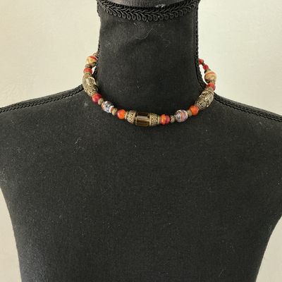 Beaded Choker Necklace with Mixed Glass & Brass Tone Beads