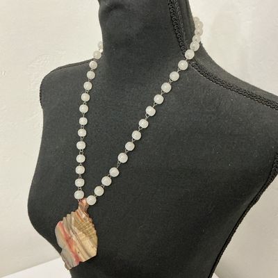 Beaded Statement Necklace with Carved Agate Stone Pendant