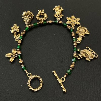 Vintage Christmas Charm Bracelet with Gold-Tone Charms & Green Beads
