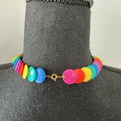 Vintage Multi-Color Plastic Disc Necklace & Matching Earrings Set