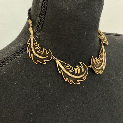 Vintage Gold Tone & Black Enamel Feather Statement Necklace