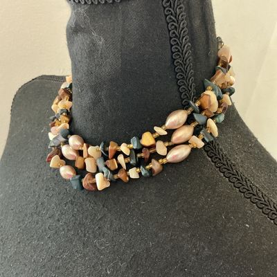 Vintage Multi-Strand Stone & Faux Pearl Choker Necklace