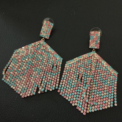 Pink, Turquoise, and White Rhinestone Mesh Statement Dangle Earrings