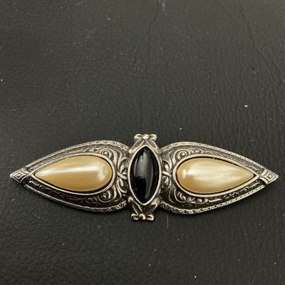 Vintage Silver-Tone Faux Pearl & Black Cabochon Bar Brooch Pin
