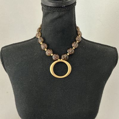 Chico's Statement Necklace with Amber-Tone Beads and Ring Pendant