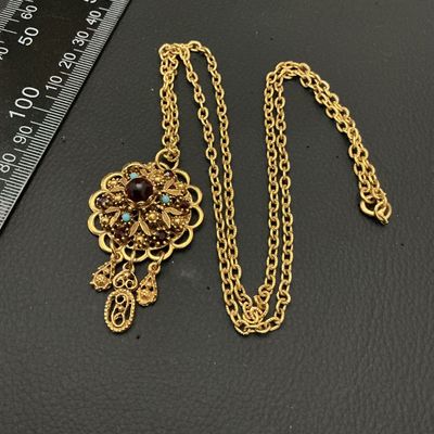 Vintage Gold-Tone Filigree Pendant Necklace with Faux Cabochon & Rhinestones