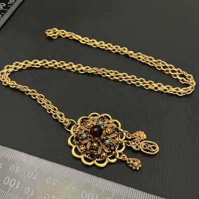 Vintage Gold-Tone Filigree Pendant Necklace with Faux Cabochon & Rhinestones