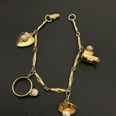 Vintage Gold Tone Charm Bracelet with Faux Pearl Charms