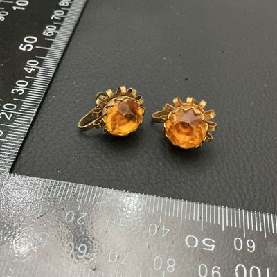 Vintage Brass & Amber Rhinestone Screw-Back Clip-On Earrings