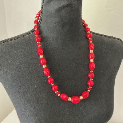 Vintage Red Bead and Gold Tone Spacers Strand Necklace