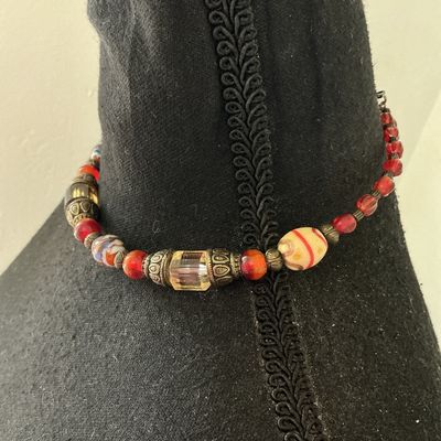 Beaded Choker Necklace with Mixed Glass & Brass Tone Beads