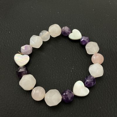 beaded Stretch Bracelet with Amethyst, Quartz, and Shell Hearts