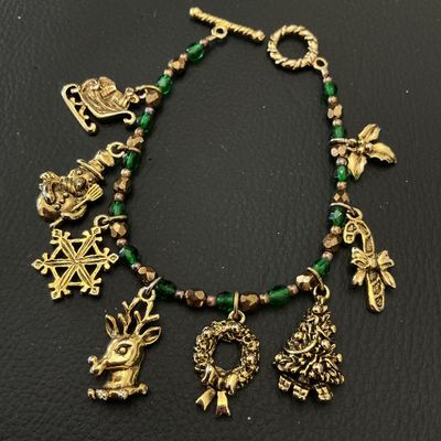 Vintage Christmas Charm Bracelet with Gold-Tone Charms & Green Beads