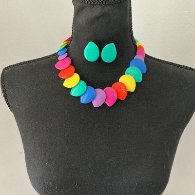 Vintage Multi-Color Plastic Disc Necklace & Matching Earrings Set
