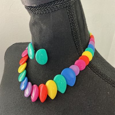 Vintage Multi-Color Plastic Disc Necklace & Matching Earrings Set