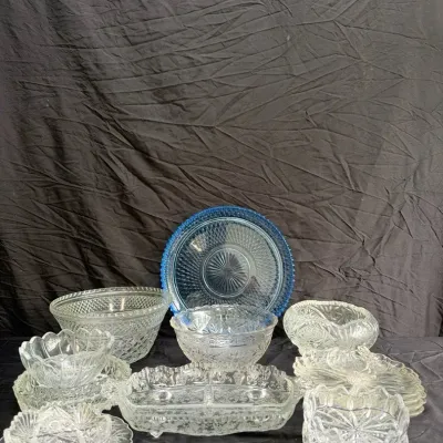 Vintage Pressed & Molded Glass Tableware Set (15-Piece Collection)