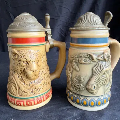 Vintage Avon Endangered Species Mini Beer Steins - Set of 2 (Jaguar & Zebra)