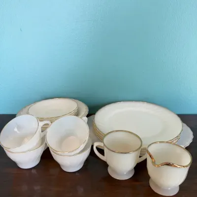 Vintage Antor Hocking Oven Proof "Golden Elegance" Translucent Porcelain Set - 14-Piece Lot