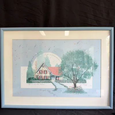 Vintage D. Morgan Signed Art Print Framed Cottage "Here In My Blue Heaven" Watercolor 