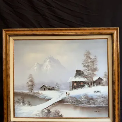Vintage Van Bell Winter Landscape Oil Painting - Framed Log Cabin Snow Scene