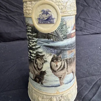 Vintage 1999 Miller Brewing Co. Holiday Stein – "December Dusk" Wolf Winter Scene