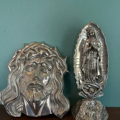 Vintage Silver-Tone Metal Religious Set - Holy Face of Jesus Plaque & Our Lady of Guadalupe Statue