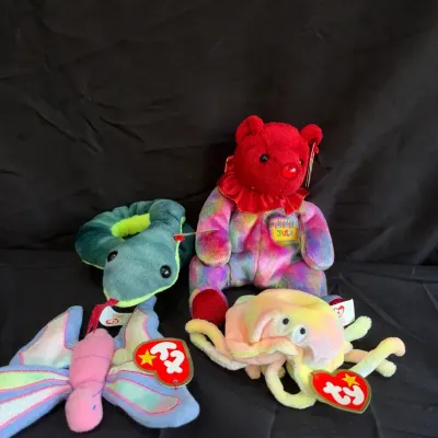  Lot of 4 Vintage Ty Beanie Babies - Slither, Goochy, July Bear, Flutter (Retired)