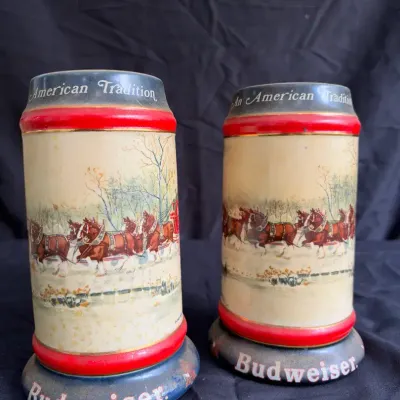Vintage 1990 Budweiser Holiday Beer Stein – "An American Tradition" (Set of 2)
