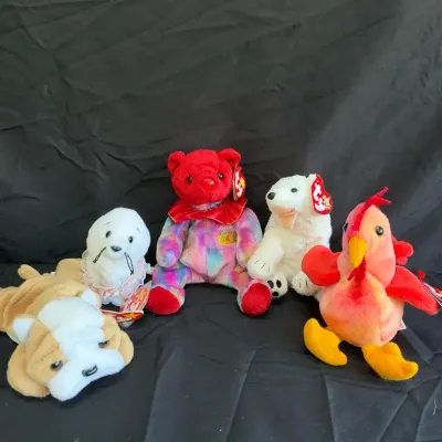 Lot of 5 Vintage Ty Beanie Babies with Tags - Bulldog, July Bear, Polar Bear, Seal, Rooster