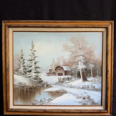  Vintage Framed Winter Landscape Oil Painting - Snow Covered Barn, Silo & Pond Scene