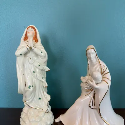 Vintage Porcelain Madonna Figurine Lot - Irish Shamrock Virgin Mary & Graceful Madonna with Child - 