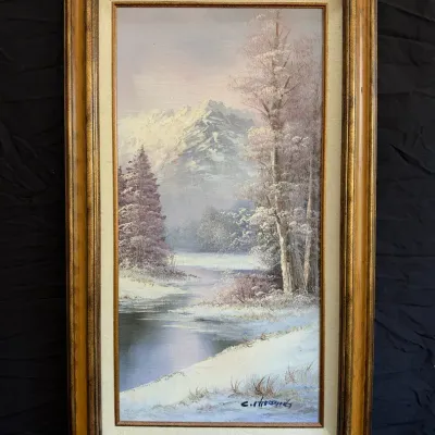 Vintage Signed Winter Landscape Oil Painting Frame Large Snowy Mountain River