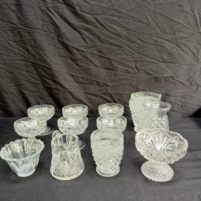 11-piece collection of vintage Early American Pattern Glass clear tableware