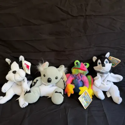 Vintage 90s GMA Floppy Friends Bean Bag Plush Lot of 4 - Frog, Husky, Koala, Bulldog 