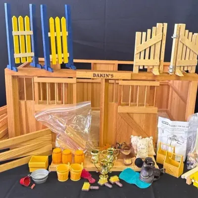 Wooden Toy Horse Barn with Rolling Doors (could possibly be Breyer) * Jump Accessory Kit & Corral * 