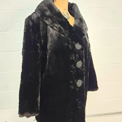 Vintage Fur Coat with Shawl Collar & Decorative Buttons - Dark Brown 