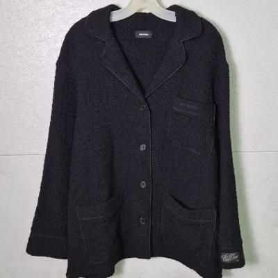 Authenticated We11done Black Textured Wool-Blend Button-Front Jacket: Size M