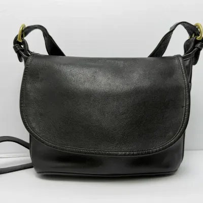 Vintage Coach Black Leather Flap Shoulder Bag