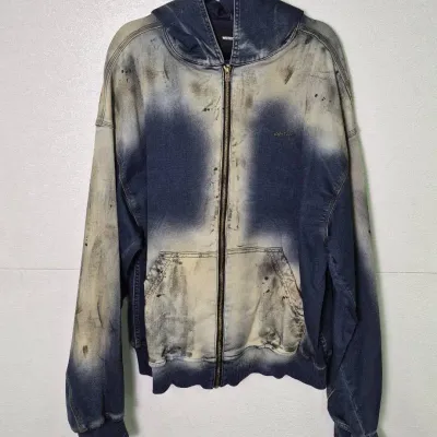 Authenticated WE11DONE Blue Distressed-Wash Zip-Up Hoodie: Size L