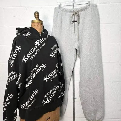 Kenzo Paris All-Over Logo Hoodie & Fear of God Essentials Sweatpants (XL)