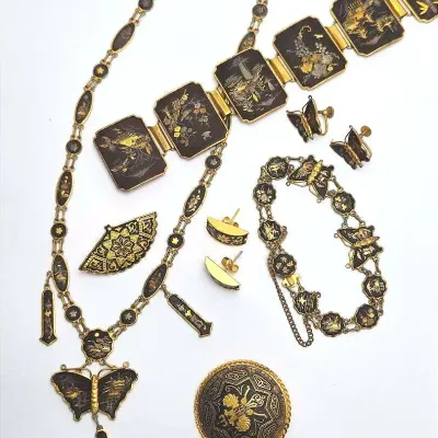 Vintage Damascene Jewelry: Necklace, Bracelets, Brooches, Earrings