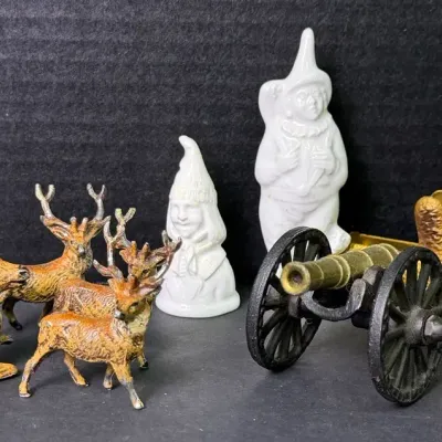 Antique German Reindeer, Woodpecker Toothpick Dispenser, Meissen Jester Figurine & More