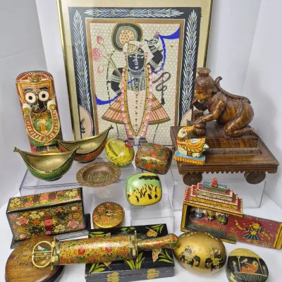 South Asian/Indian Carved Wood Figurine, Hindu Deity Painting & More Decor