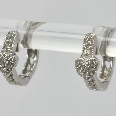 14K White Gold Pave Diamond Heart Huggie Hoops
