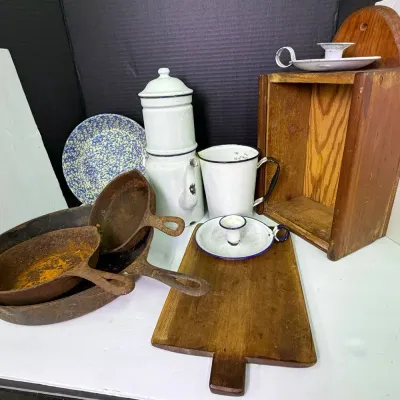 Griswold & More Cast Iron Pans, Wood Pantry Box, Enamelware & Spongeware