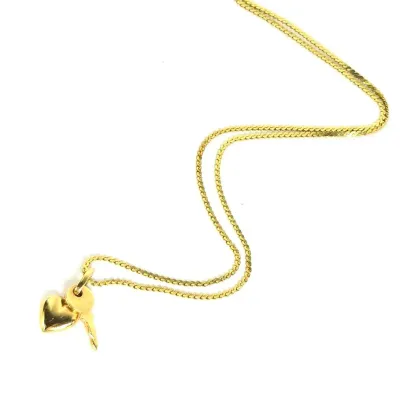 14K Gold Italy Serpentine Chain Necklace with Heart & Key Pendant