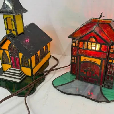 Stained Glass Lighted Village Buildings - Church & Train Station
