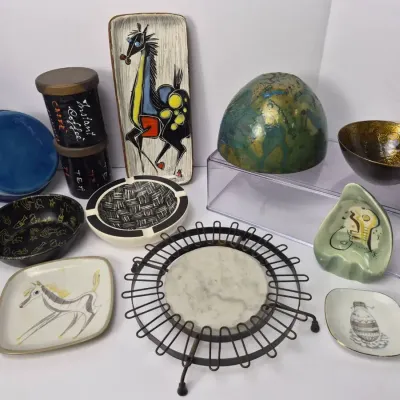 Midcentury Enameled Metal Decor, Ceramic Dishes & Ashtrays, Trivet & More